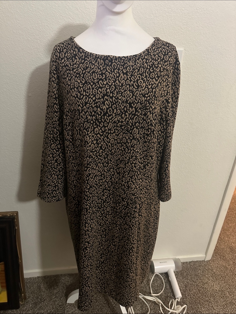 Chico's Black and Tan Leopard-Print Midi Shift Dress